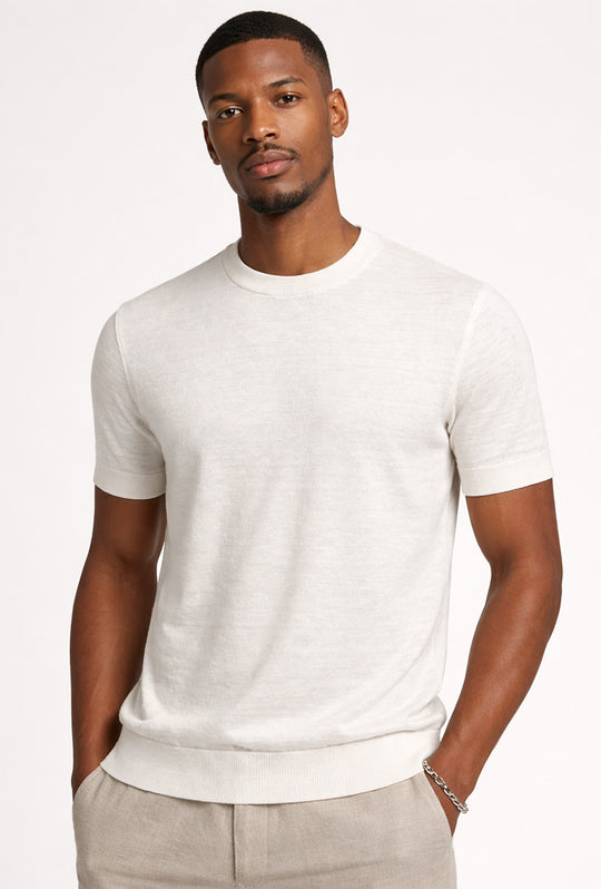 T-shirt uomo in Lino e cotone, maglietta mezza manica in maglia - BIANCO