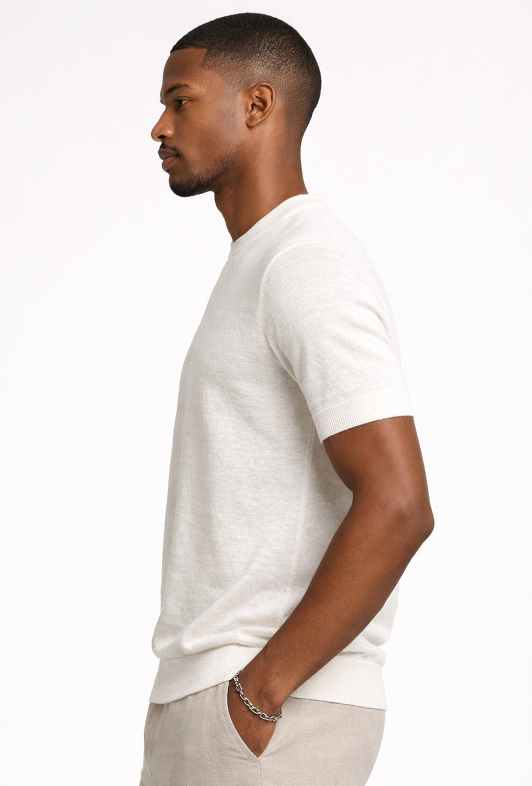 T-shirt uomo in Lino e cotone, maglietta mezza manica in maglia - BIANCO