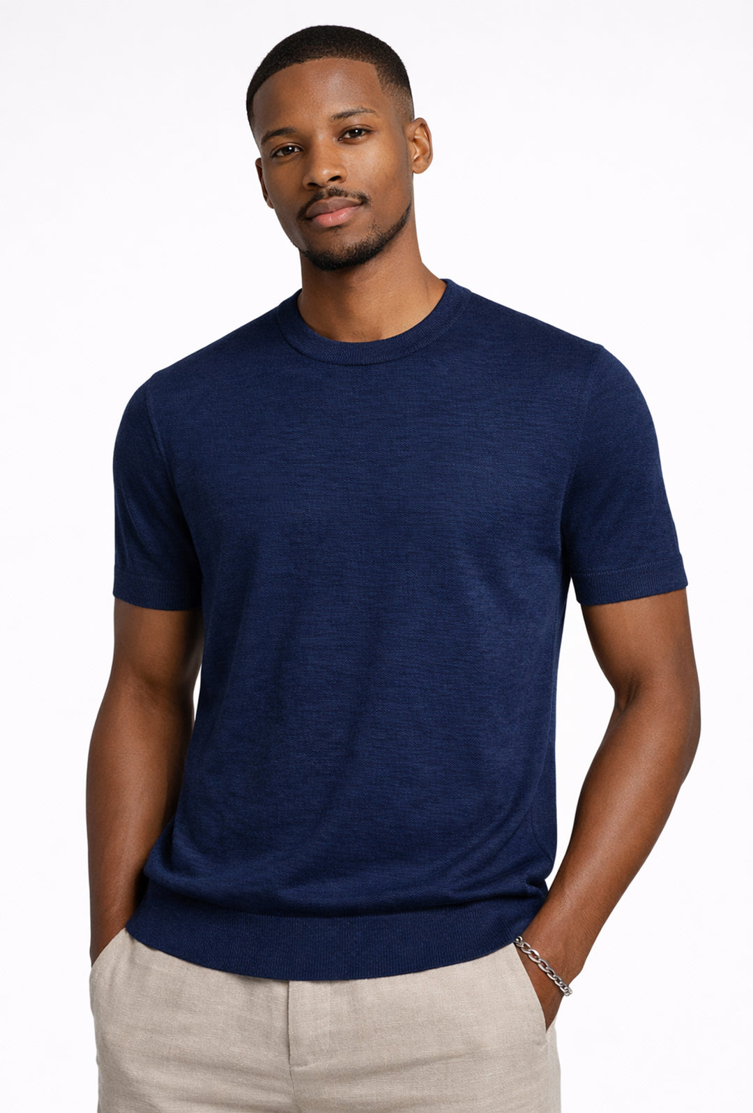 T-shirt uomo in Lino e cotone, maglietta mezza manica in maglia - BLU