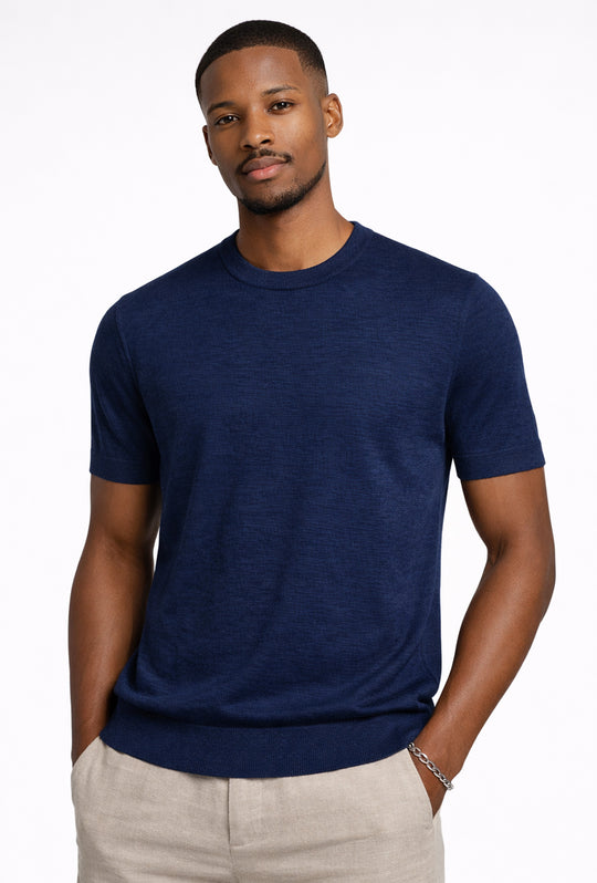T-shirt uomo in Lino e cotone, maglietta mezza manica in maglia - BLU