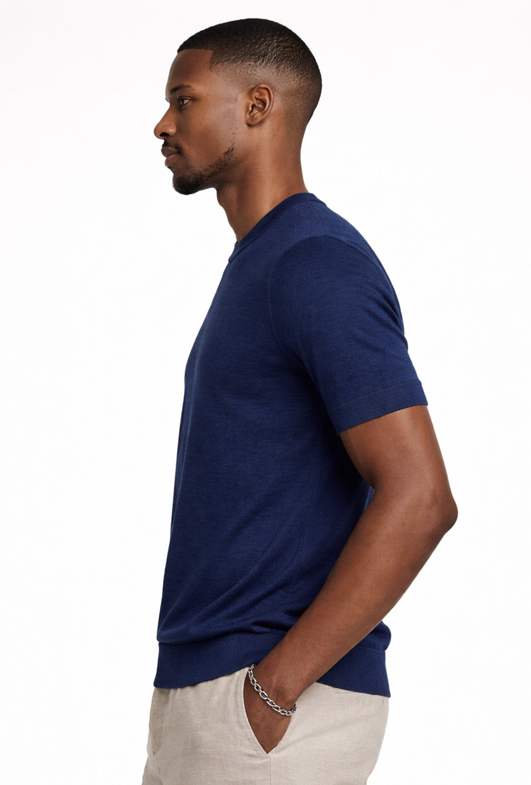 T-shirt uomo in Lino e cotone, maglietta mezza manica in maglia - BLU