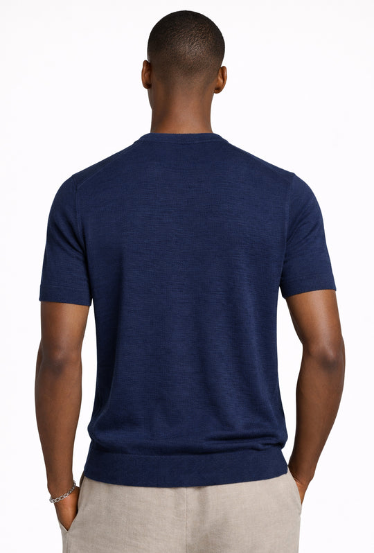 T-shirt uomo in Lino e cotone, maglietta mezza manica in maglia - BLU
