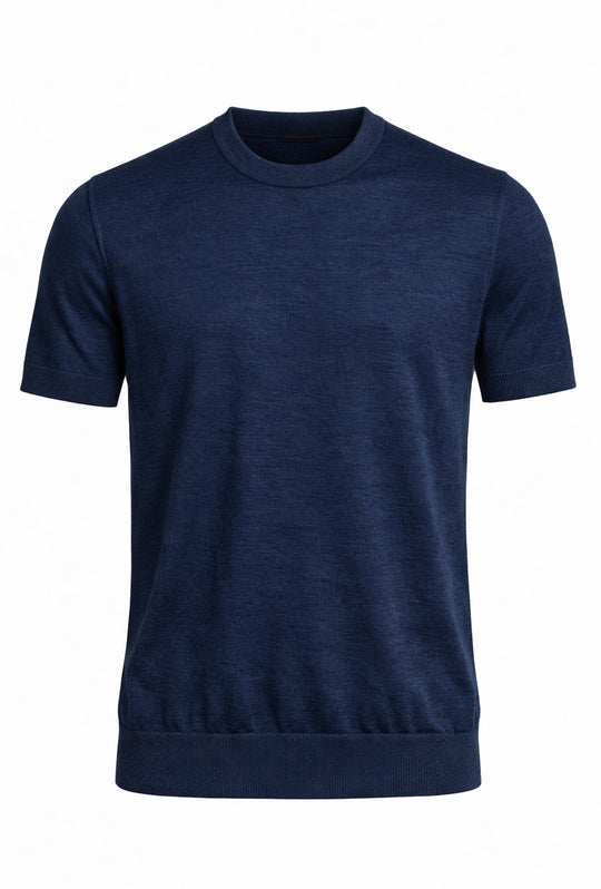 T-shirt uomo in Lino e cotone, maglietta mezza manica in maglia - BLU