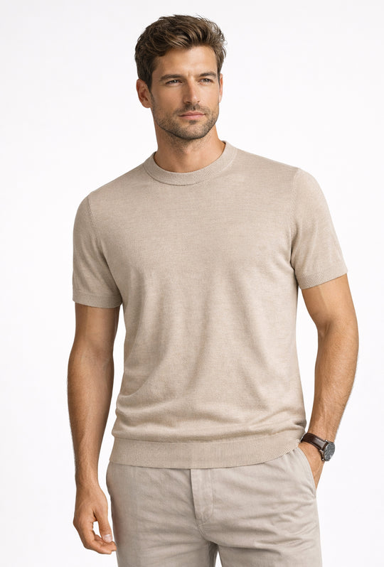 T-shirt uomo in Lino e cotone, maglietta mezza manica in maglia - BEIGE
