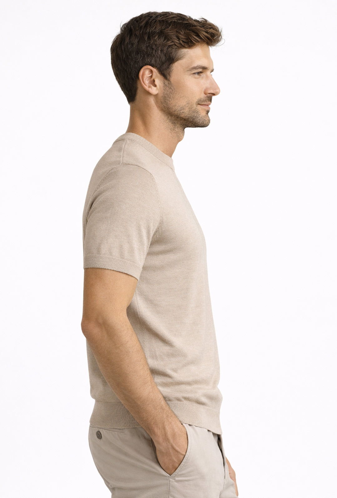 T-shirt uomo in Lino e cotone, maglietta mezza manica in maglia - BEIGE