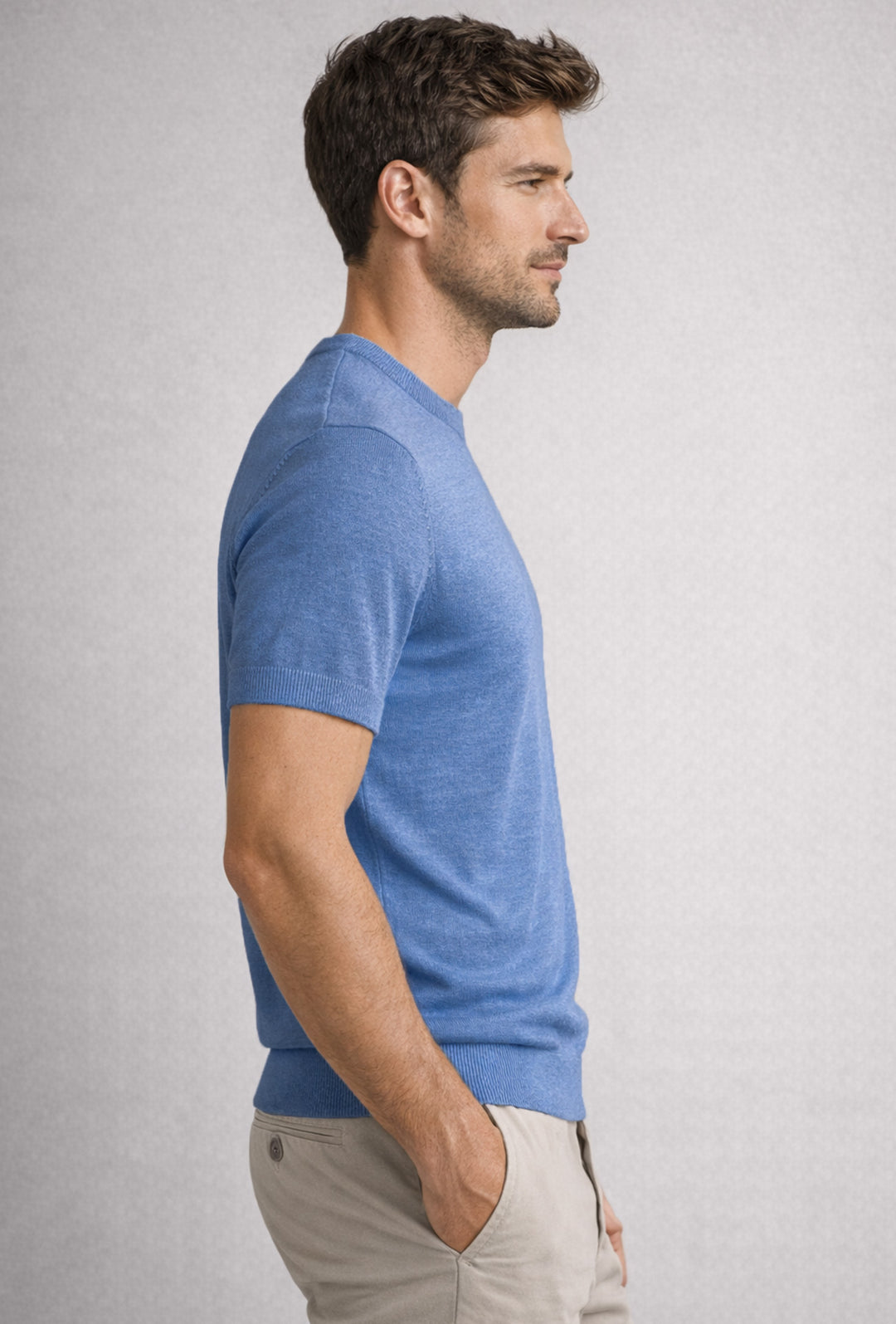 T-shirt uomo in Lino e cotone, maglietta mezza manica in maglia - FUMO