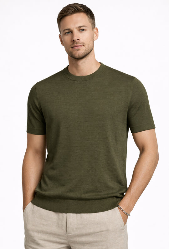 T-shirt uomo in Lino e cotone, maglietta mezza manica in maglia - VERDE MILITARE