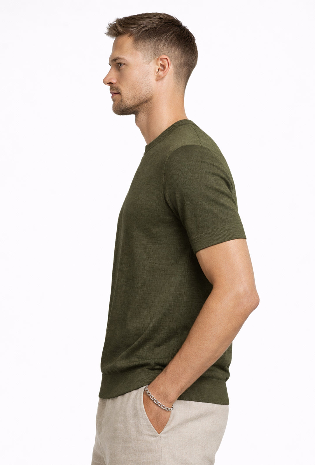 T-shirt uomo in Lino e cotone, maglietta mezza manica in maglia - VERDE MILITARE
