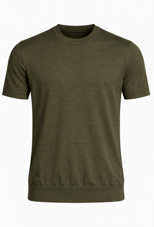 T-shirt uomo in Lino e cotone, maglietta mezza manica in maglia - VERDE MILITARE