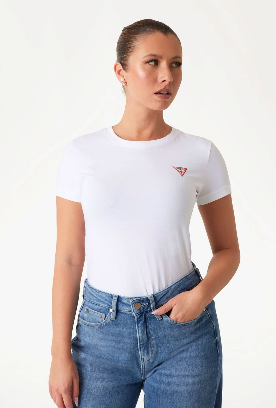 T-Shirt Donna GUESS Mini Triangle Tee Pure White Slim Fit - BIANCO