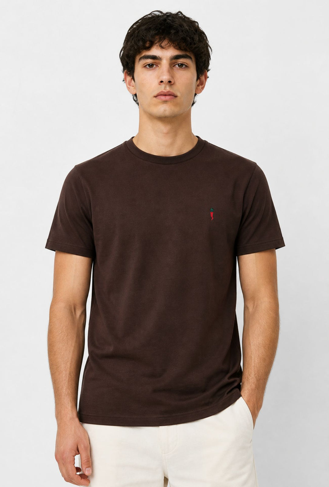 T-Shirt Uomo tinta unita ricamo lato cuore - TESTA DI MORO