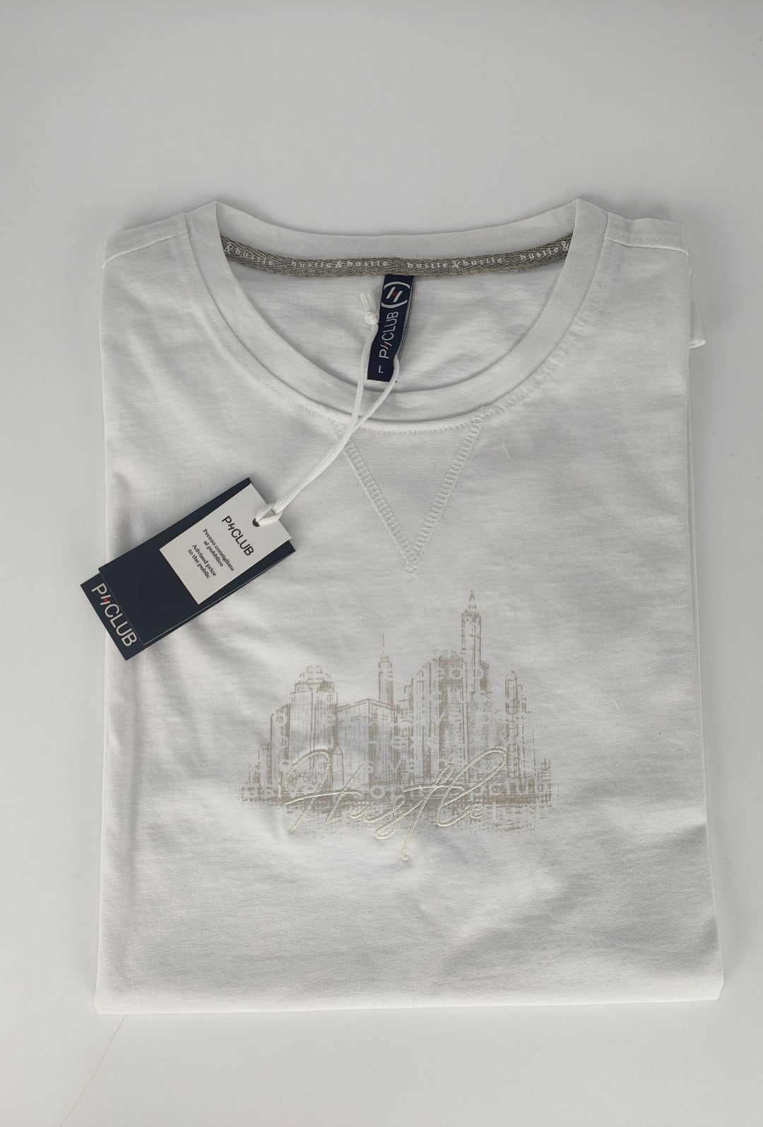 T-Shirt Uomo P-CLUB  100% Cotone con Stampa Skyline e Ricamo  Regular Fit- BIANCO