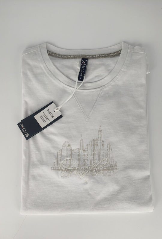 T-Shirt Uomo P-CLUB  100% Cotone con Stampa Skyline e Ricamo  Regular Fit- BIANCO