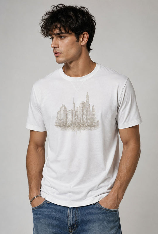 T-Shirt Uomo P-CLUB  100% Cotone con Stampa Skyline e Ricamo  Regular Fit- BIANCO