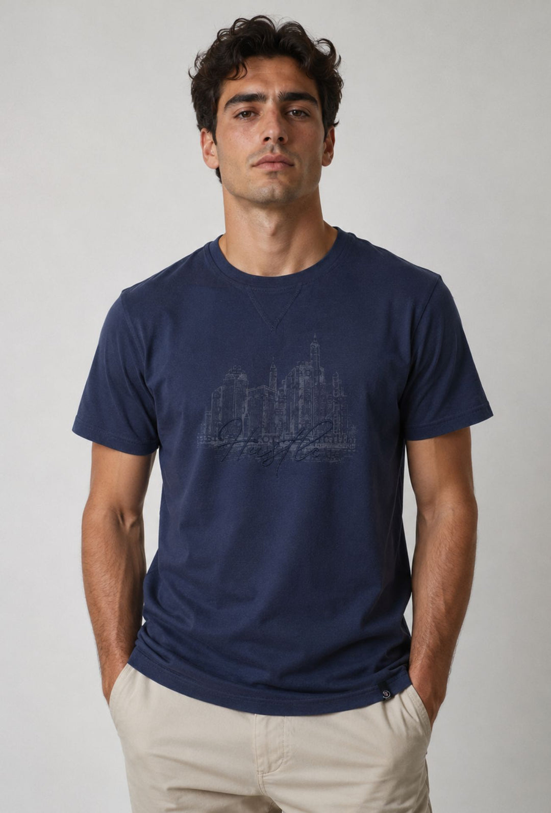 T-Shirt Uomo P-CLUB 100% Cotone con Stampa Skyline e Ricamo  Regular Fit- BLU NAVY