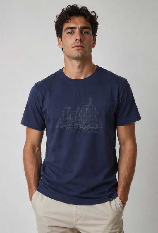T-Shirt Uomo P-CLUB 100% Cotone con Stampa Skyline e Ricamo  Regular Fit- BLU NAVY