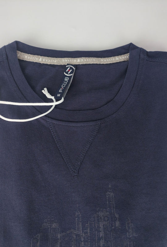 T-Shirt Uomo P-CLUB 100% Cotone con Stampa Skyline e Ricamo  Regular Fit- BLU NAVY