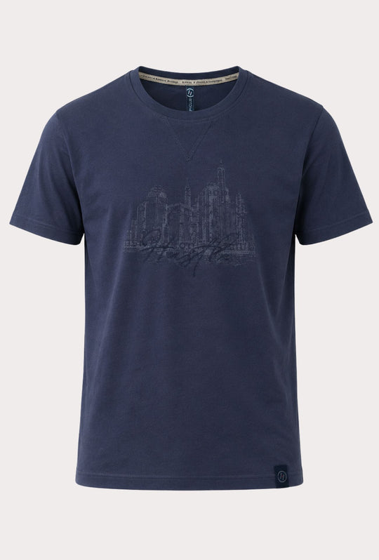 T-Shirt Uomo P-CLUB 100% Cotone con Stampa Skyline e Ricamo  Regular Fit- BLU NAVY